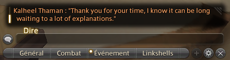 Screeshot of the chat window in Final Fantasy 14. It reads : Kalheel Thaman: Thank you for your time, I know it can be long waiting to a log of explanations.